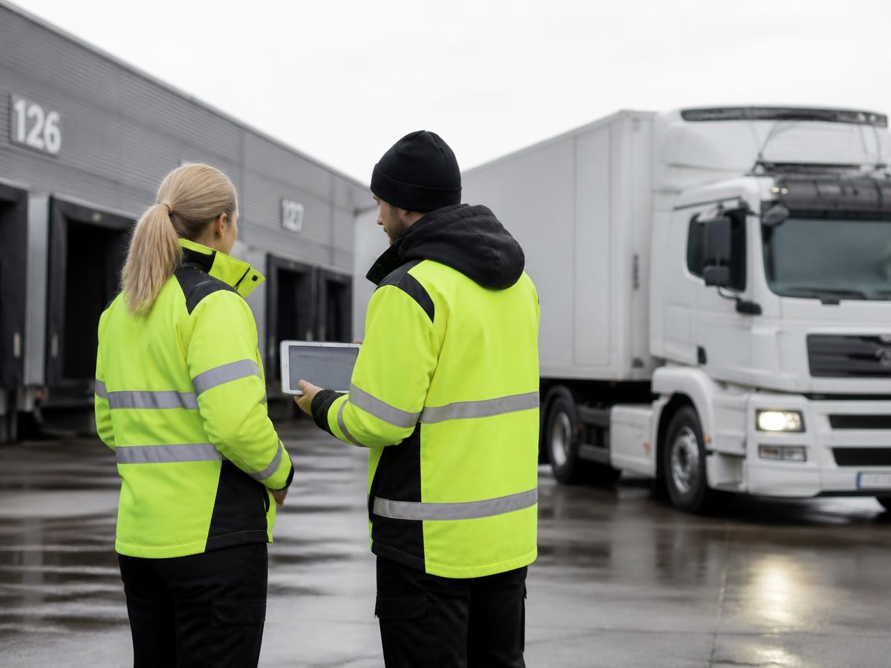 Två personer i varselkläder samtalar vid en lastkaj